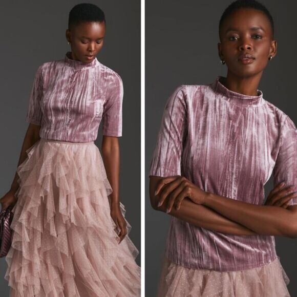 PILCRO Anthropologie Velveteen Mock Neck Top Sz Small Pink - Picture 1 of 8